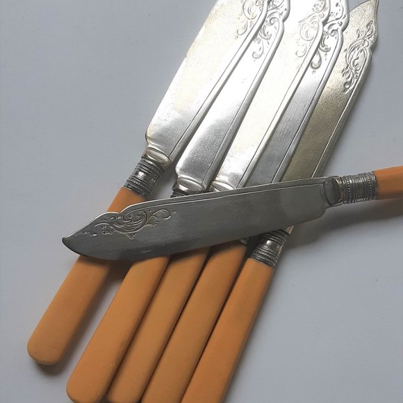 VTG Antique French Ivory Celluloid Handle Silver Plate Forks & Knieves Set of 12 - Picture 9 of 10